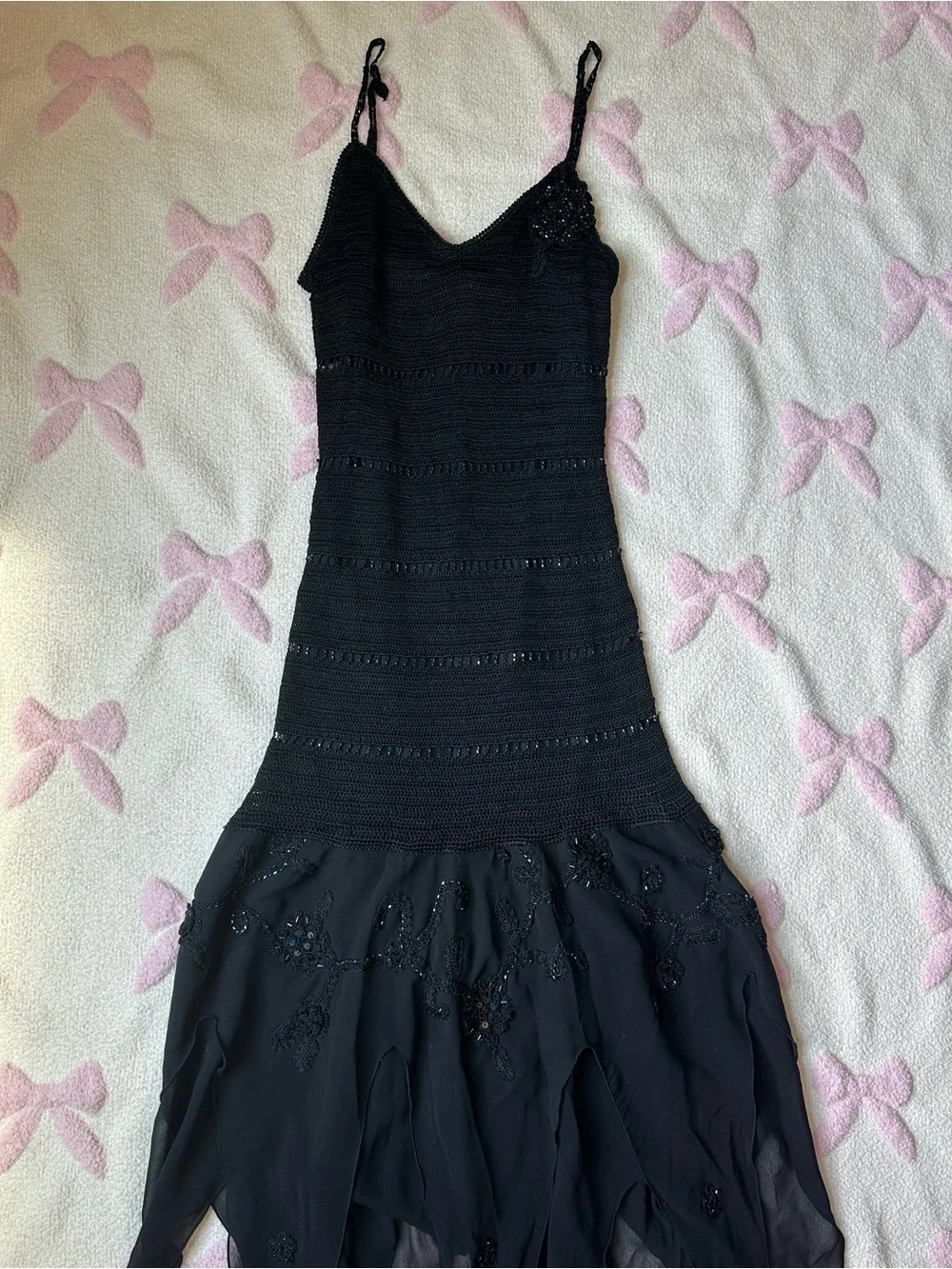 Black Spaghetti Strap Evening Dress with Beaded Skirt